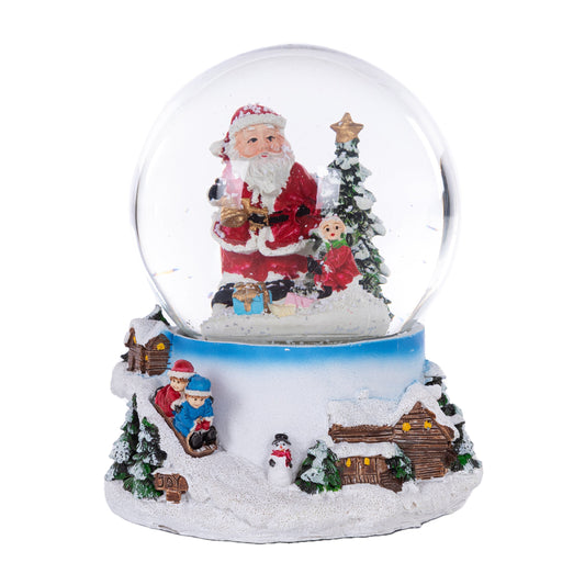 Schneekugel mit Weihnachtsmann und Kind, leuchtet und spielt Musik