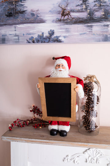 Weihnachtsmann Dekofigur für Botschaft:  Santa mit Tafel zum Gestalten