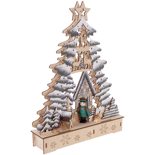 Verschneiter Weihnachtsbaum aus Holz mit Weihnachsszene