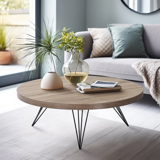 Couchtisch Hestia, rund 90x90x32cm, in Eichenoptik mit Metallbeinen