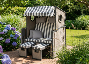 Strandkorb "Crew" im Martimen Design mit Bullauge